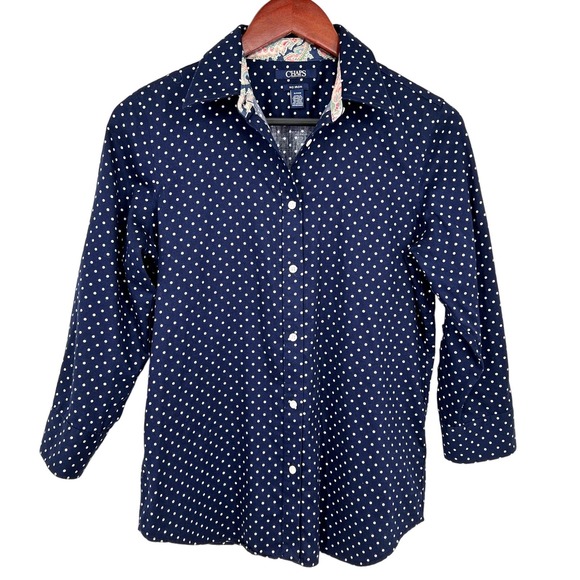 Ralph Lauren Chaps Womens Sz Small Non Iron Navy Blue Paisley Blouse Shirt Top - Picture 1 of 7